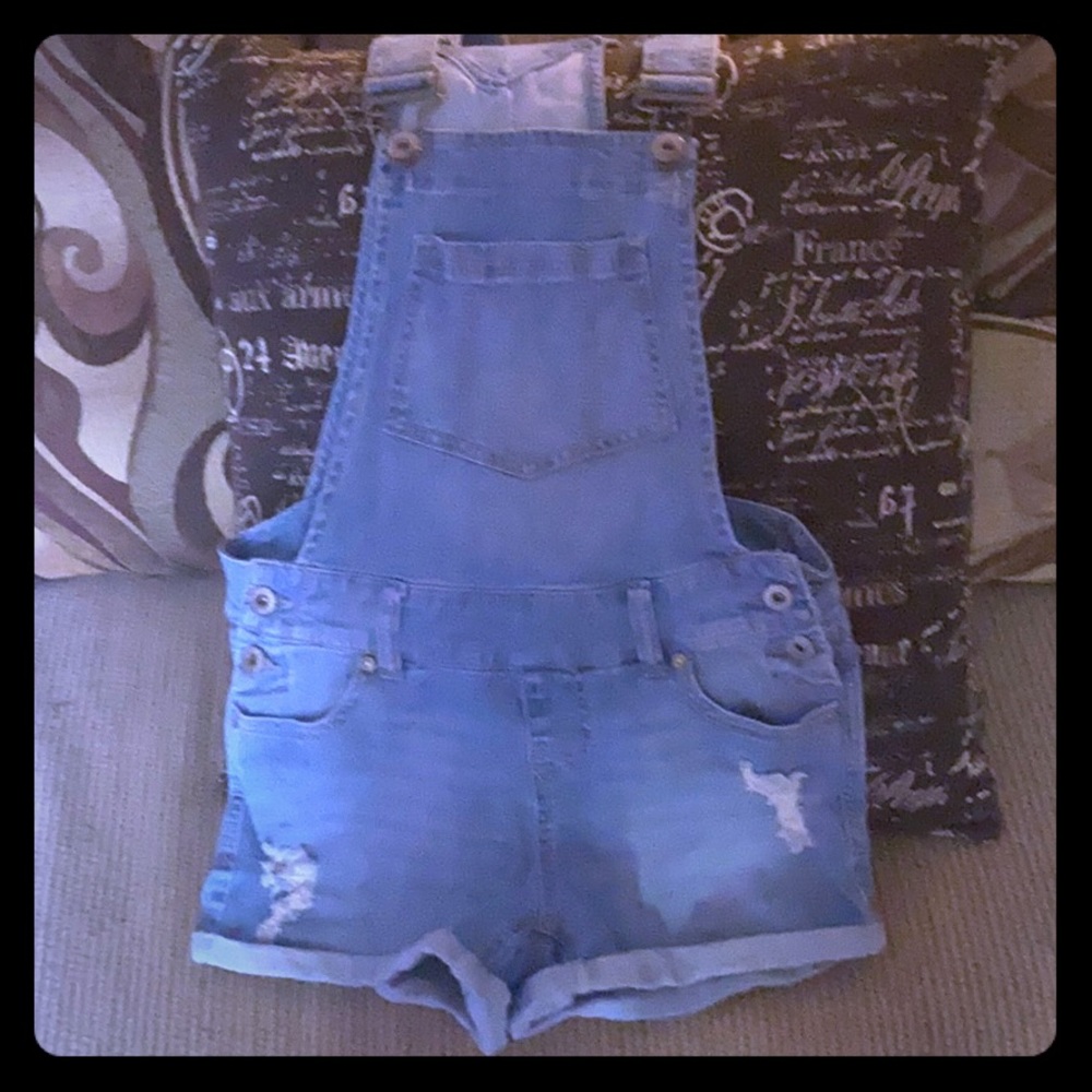Distressed overall shorts